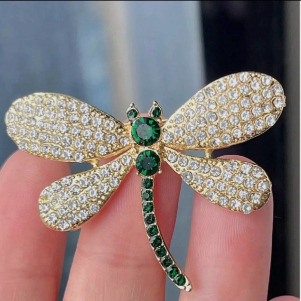 Sparkling Green and Gold Dragonfly Brooch